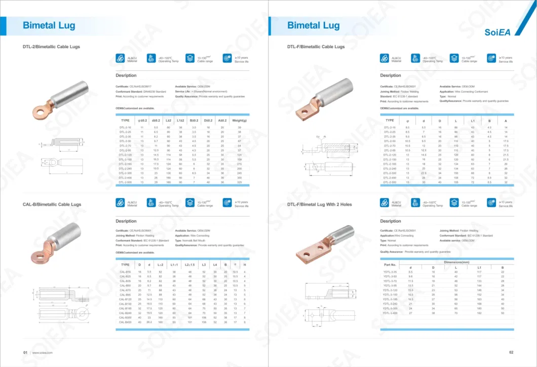 Dtl F Copper Aluminum Bimetal Cable Lug Wiring Terminals Friction Welding Cable Lug